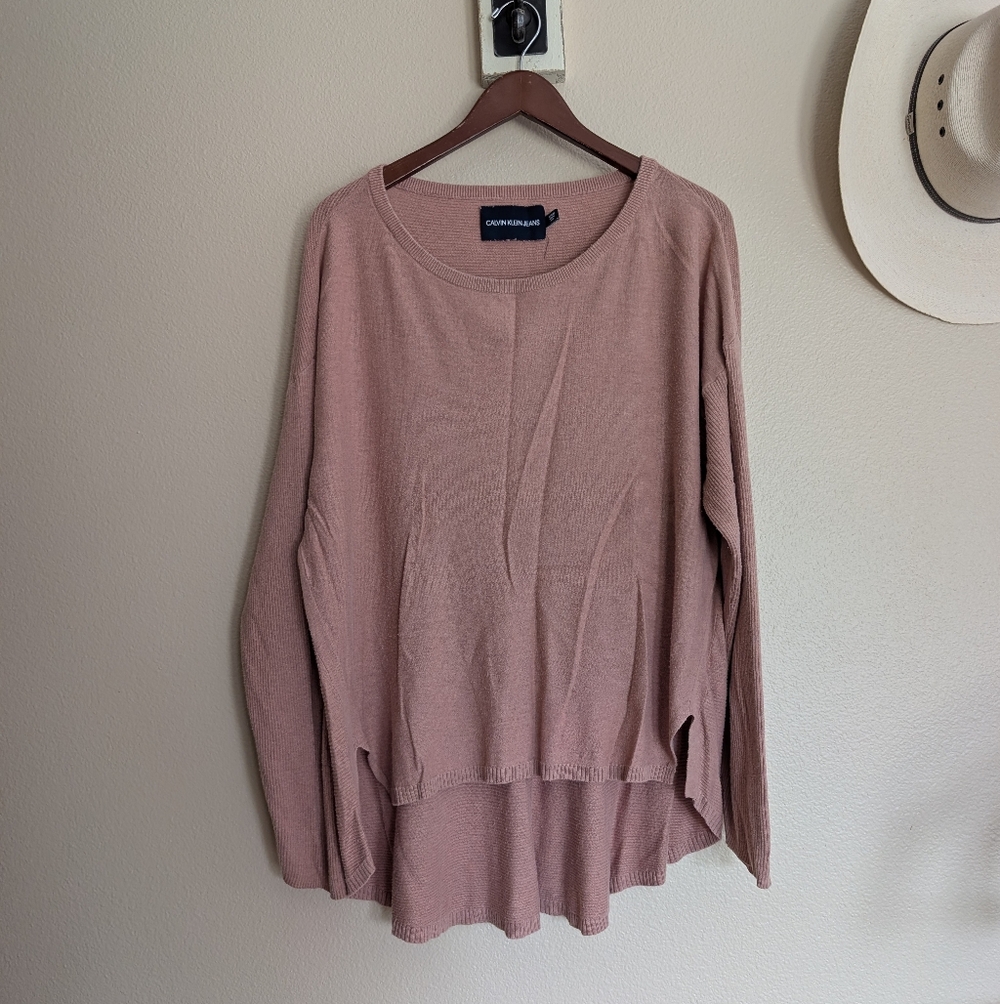 Calvin Klein Lightweight Mauve Sweater Ribbed Detail Flowy Fit Size XL